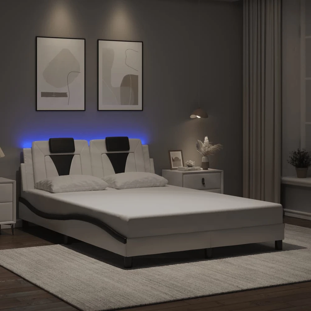 Lovos rėmas su LED, baltas ir juodas, 140x190cm, dirbtinė oda