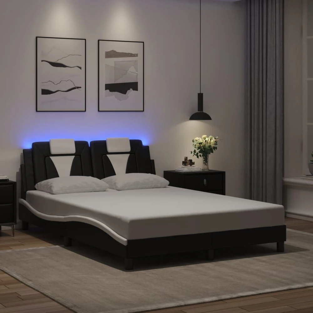 Lovos rėmas su LED, juodas ir baltas, 140x200cm, dirbtinė oda