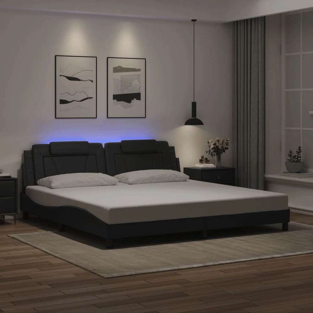 Lovos rėmas su LED, juodos spalvos, 200x200cm, dirbtinė oda