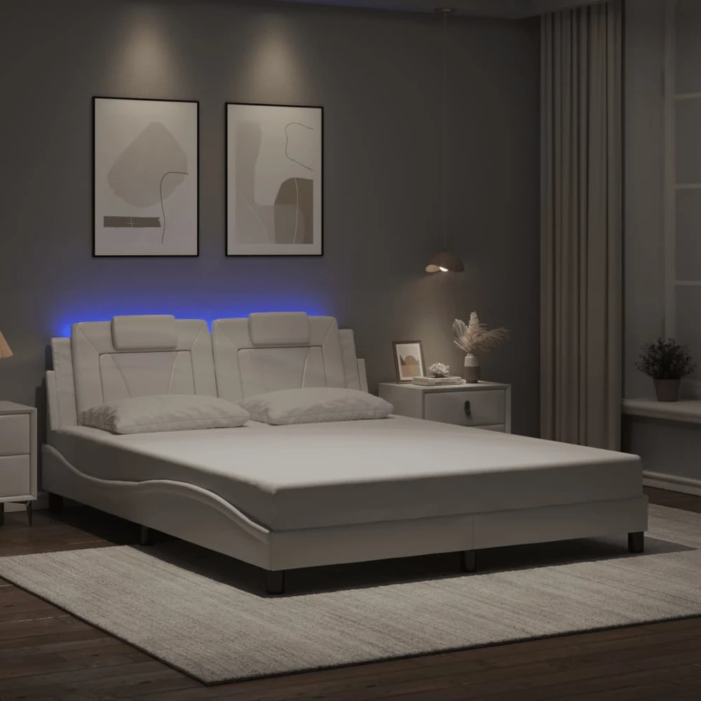 Lovos rėmas su LED, baltos spalvos, 160x200cm, dirbtinė oda