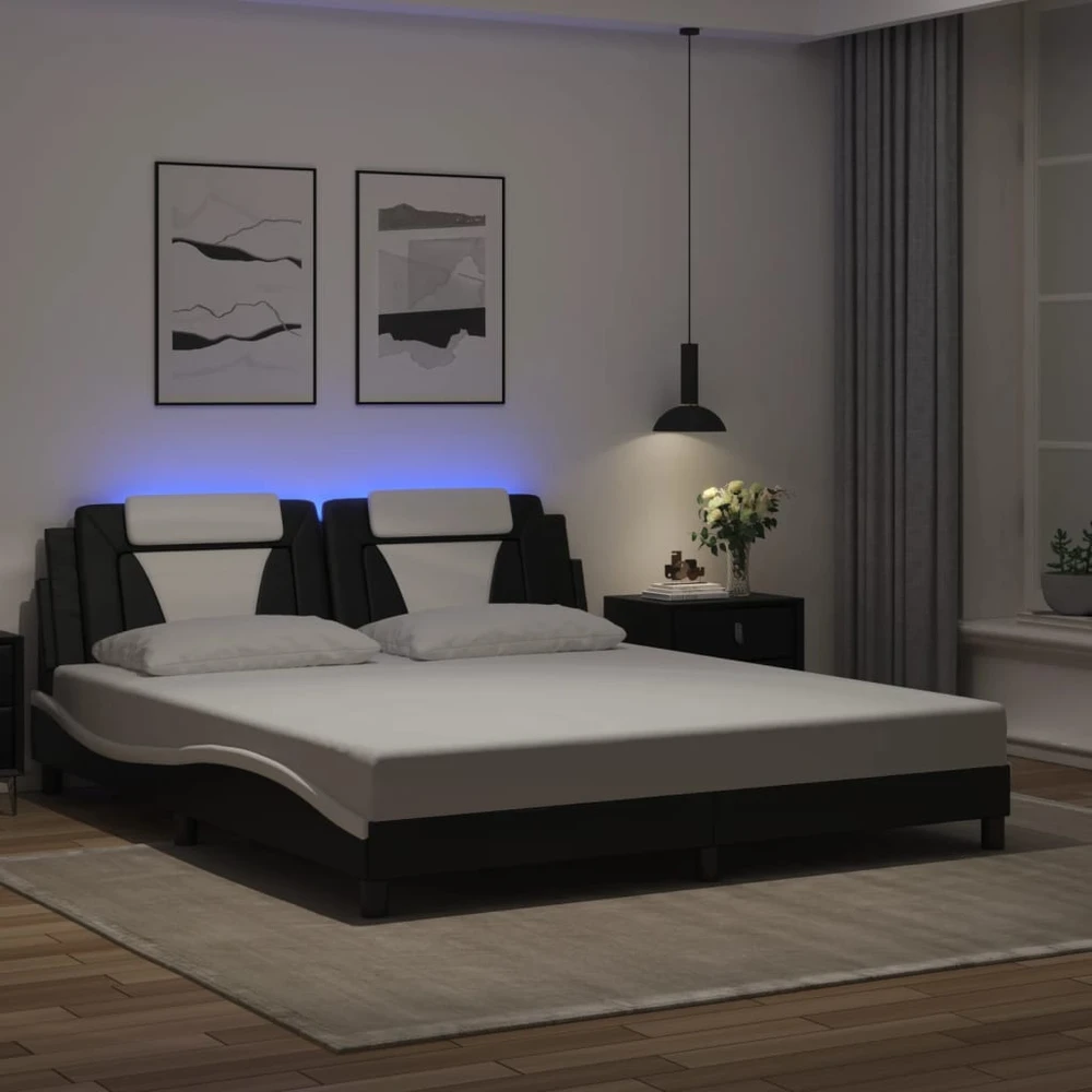 Lovos rėmas su LED, juodas ir baltas, 180x200cm, dirbtinė oda