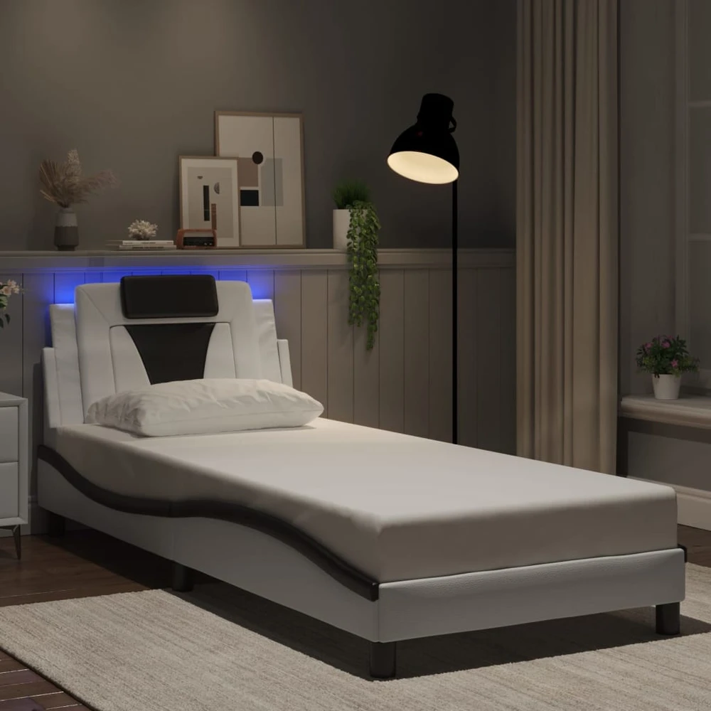 Lovos rėmas su LED, baltas ir juodas, 90x200cm, dirbtinė oda