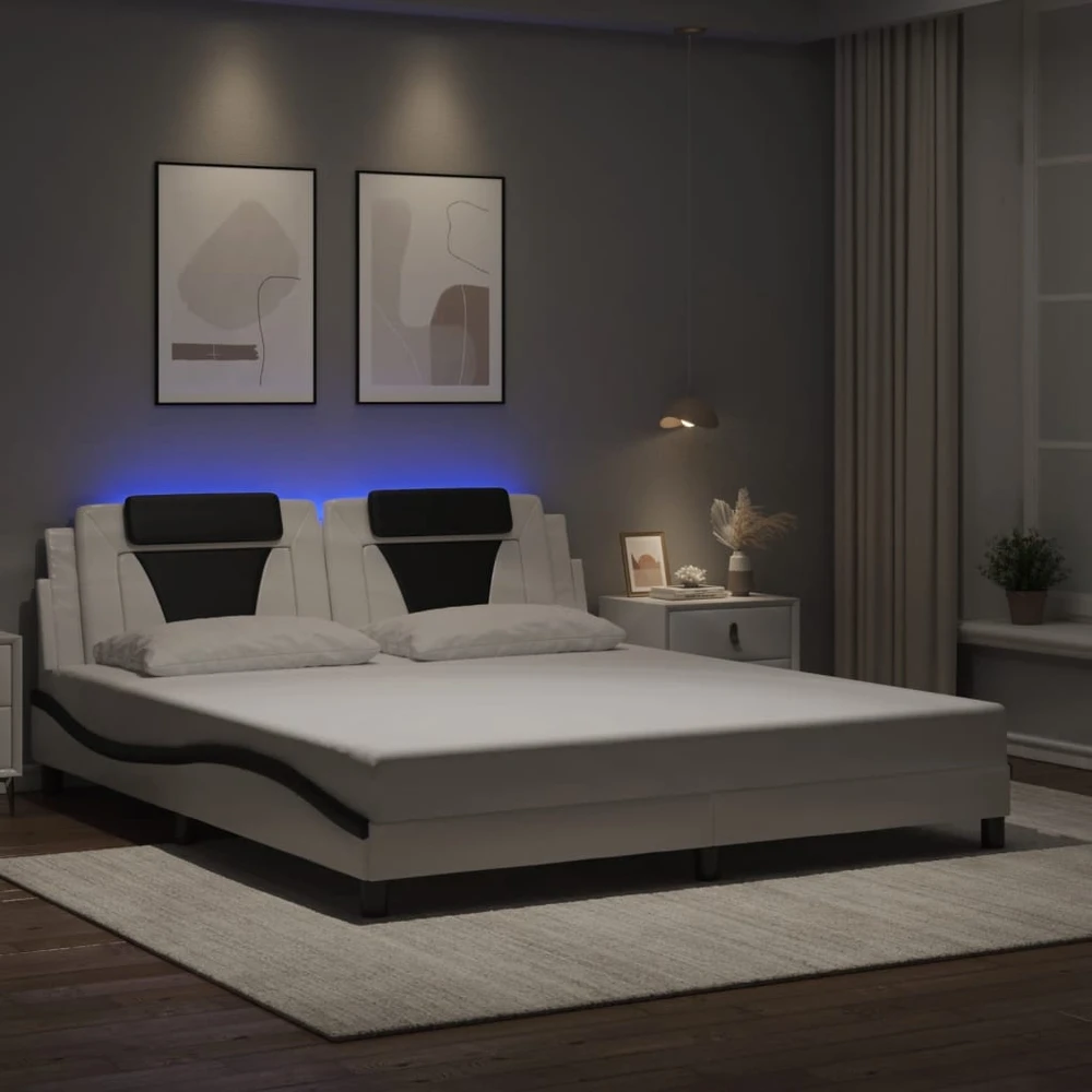 Lovos rėmas su LED, baltas ir juodas, 180x200cm, dirbtinė oda