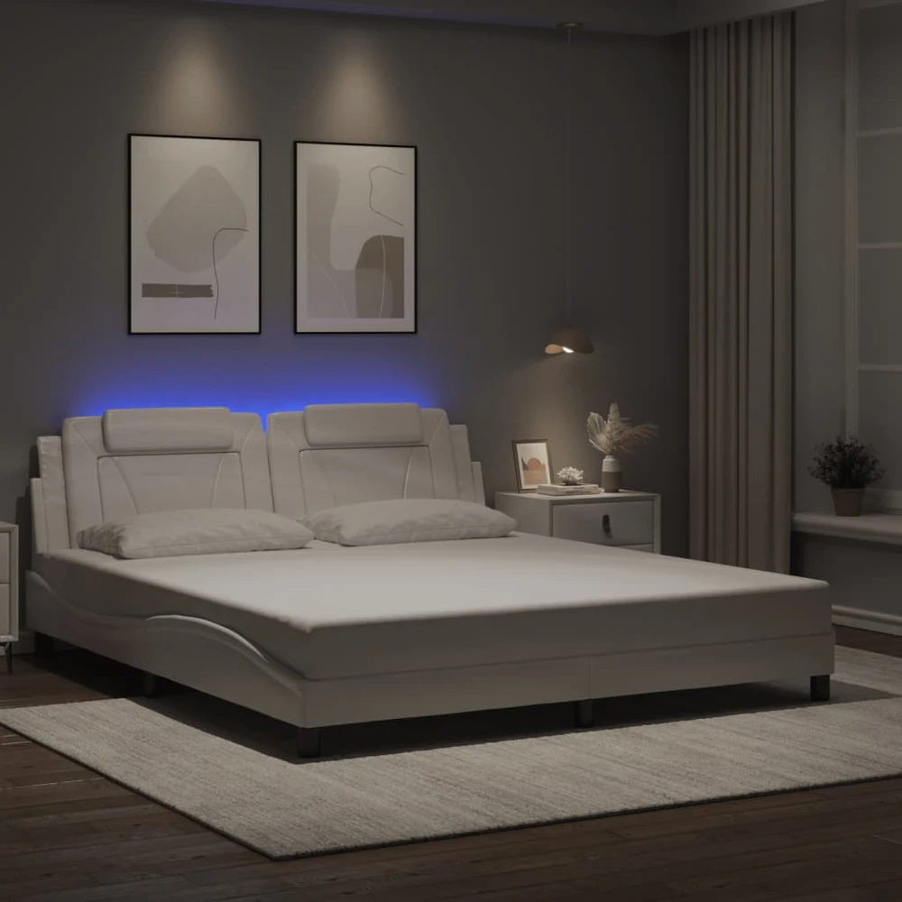 Lovos rėmas su LED, baltos spalvos, 180x200cm, dirbtinė oda