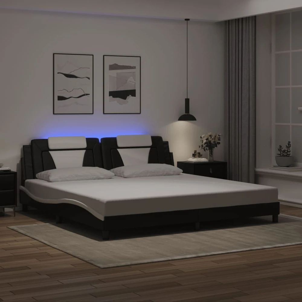 Lovos rėmas su LED, juodas ir baltas, 200x200cm, dirbtinė oda