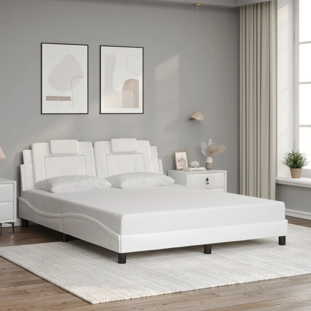 Lovos rėmas su LED, baltos spalvos, 160x200cm, dirbtinė oda