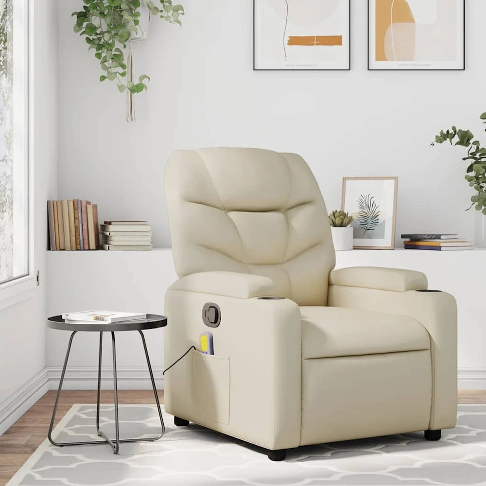 Fotelis Masažinis atlošiamas krėslas, kreminės spalvos dirbtinė oda