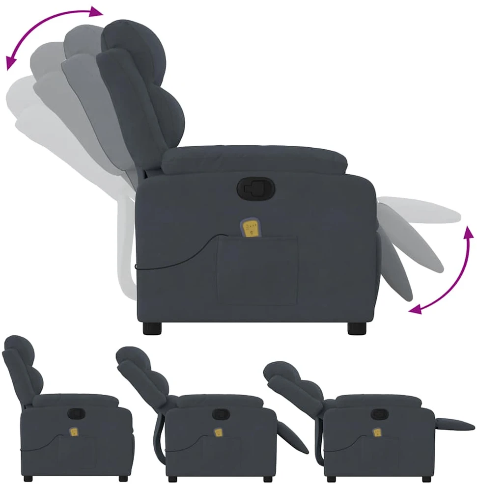 Fotelis Masažinis atlošiamas krėslas, tamsiai pilkas, aksomas