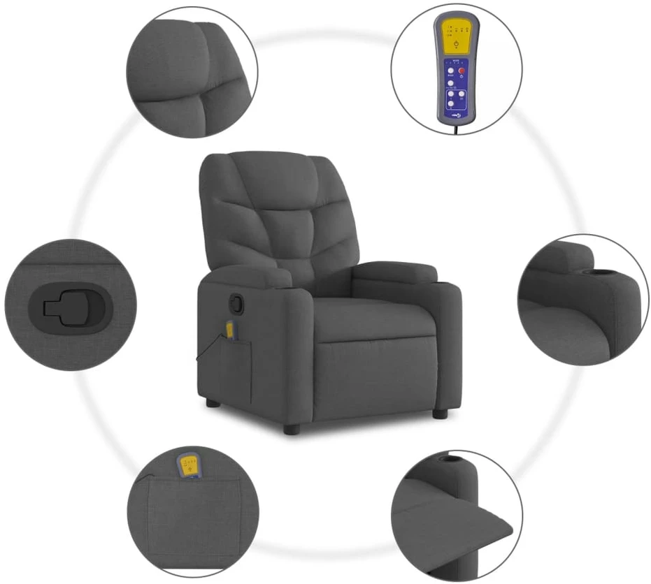 Fotelis Masažinis atlošiamas krėslas, tamsiai pilkas, audinys
