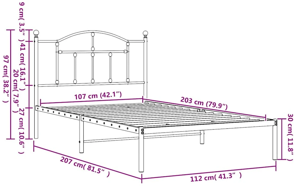 Lova Metalinis lovos rėmas su galvūgaliu, baltos spalvos, 107x203cm