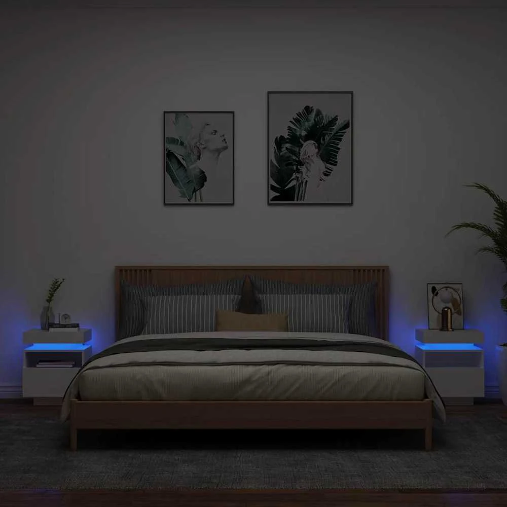 Naktinės spintelės su LED, 2vnt., baltos, 40x39x48,5cm
