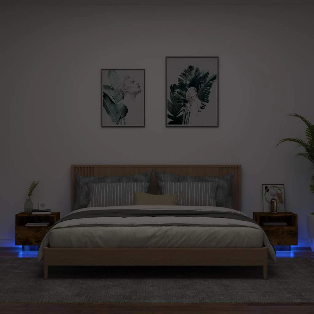 Naktinės spintelės su LED, 2vnt., dūminės ąžuolo, 40x39x37cm