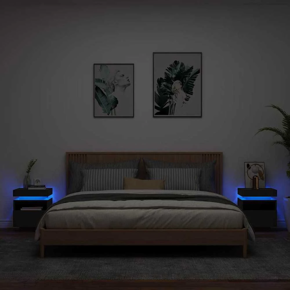 Naktinės spintelės su LED, 2vnt., juodos, 40x39x48,5cm