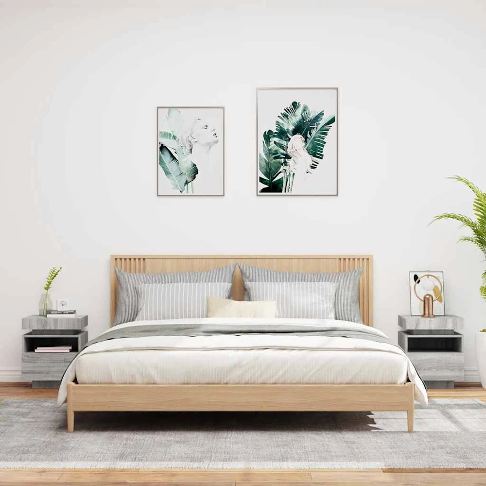 Naktinės spintelės su LED, 2vnt., pilkos ąžuolo, 40x39x48,5cm