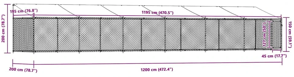 Narvas šunims su stogu ir durimis, pilkas, 12x2x2m, plienas