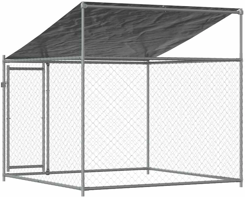 Narvas šunims su stogu ir durimis, pilkas, 2x2x2m, plienas