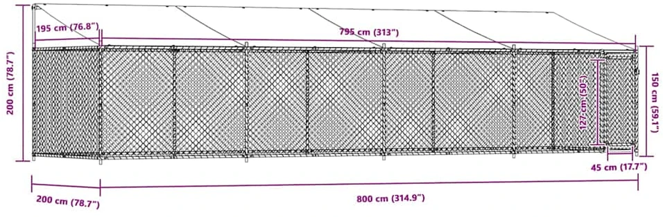 Narvas šunims su stogu ir durimis, pilkas, 8x2x2m, plienas