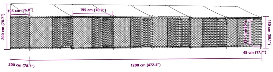 Narvas šunims su stogu ir durimis, pilkas, 12x2x2m, plienas
