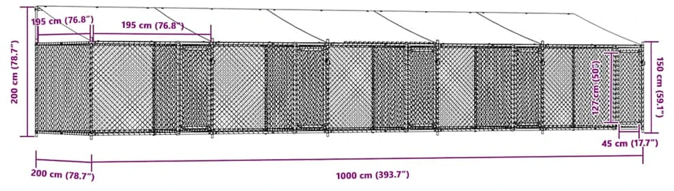 Narvas šunims su stogu ir durimis, pilkas, 10x2x2m, plienas