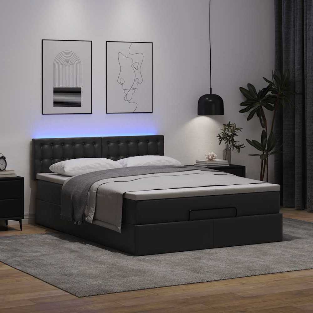 Osmanų lova su čiužiniais ir LED, juodas, 140x190cm, dirbt. oda