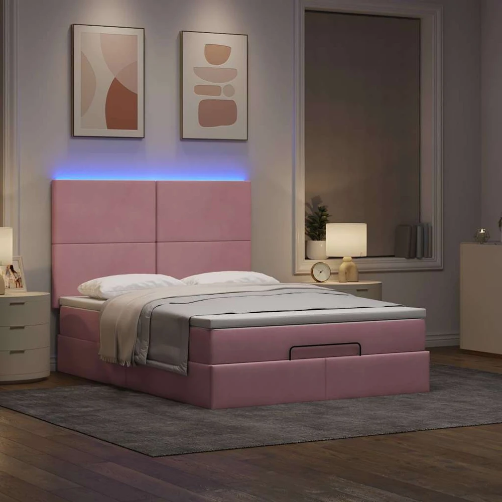 Osmanų lova su čiužiniais ir LED Rožinė 140x200cm Velvet
