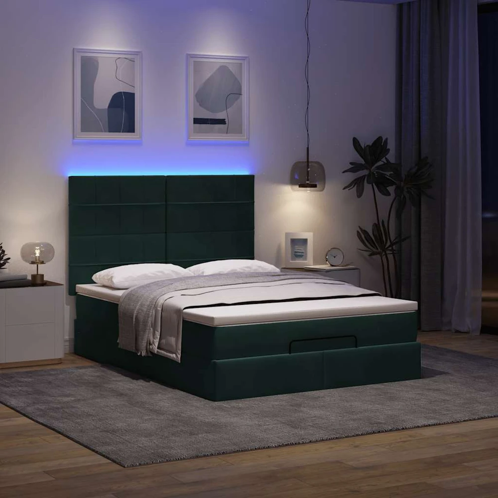 Osmanų lova su čiužiniais ir LED Tamsiai žalia 140x200cm Velvet