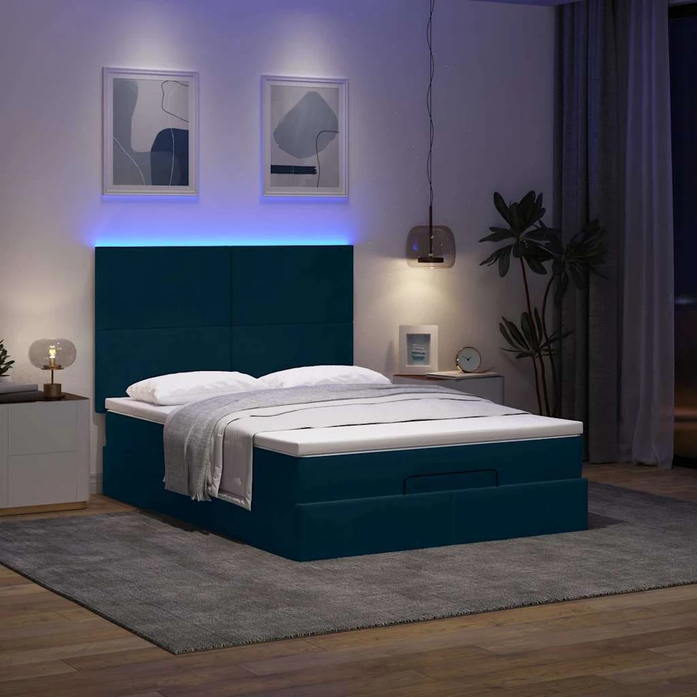 Osmanų lova su čiužiniais ir LED Tamsiai mėlyna Velvet