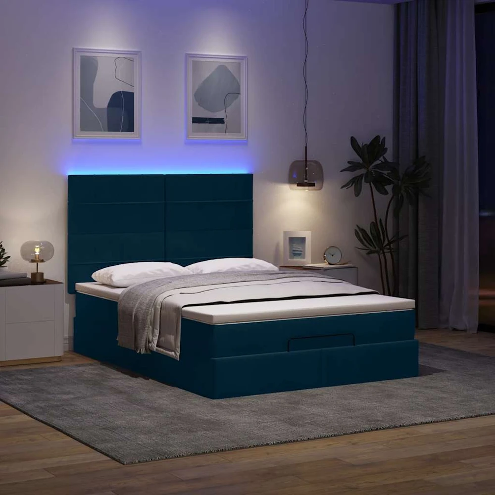 Osmanų lova su čiužiniais ir LED Tamsiai mėlyna Velvet