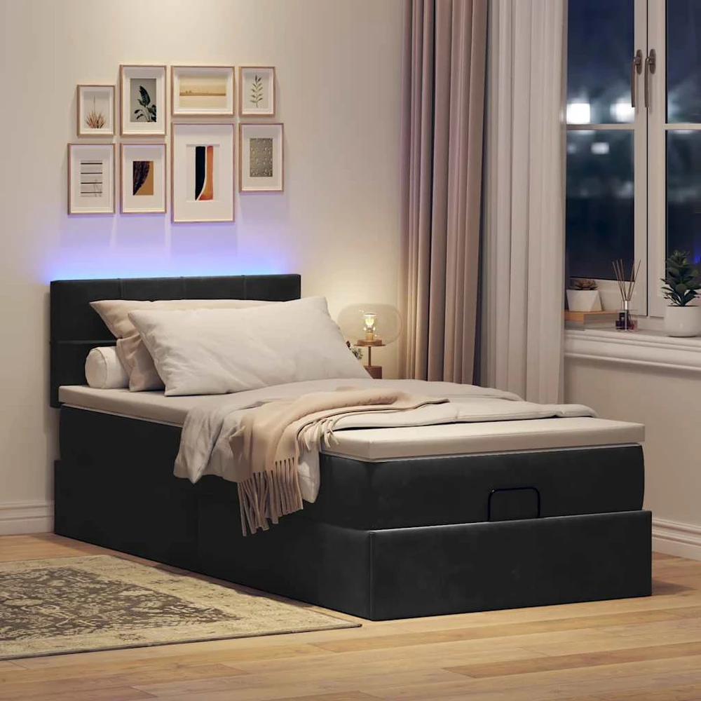 Osmanų lova su čiužiniu ir LED, juodas, 80x200cm, aksomas