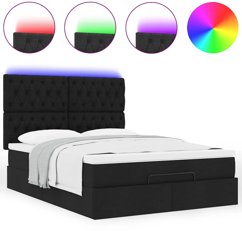 Osmanų lova su čiužiniu ir LED juodas 140x190cm audinys