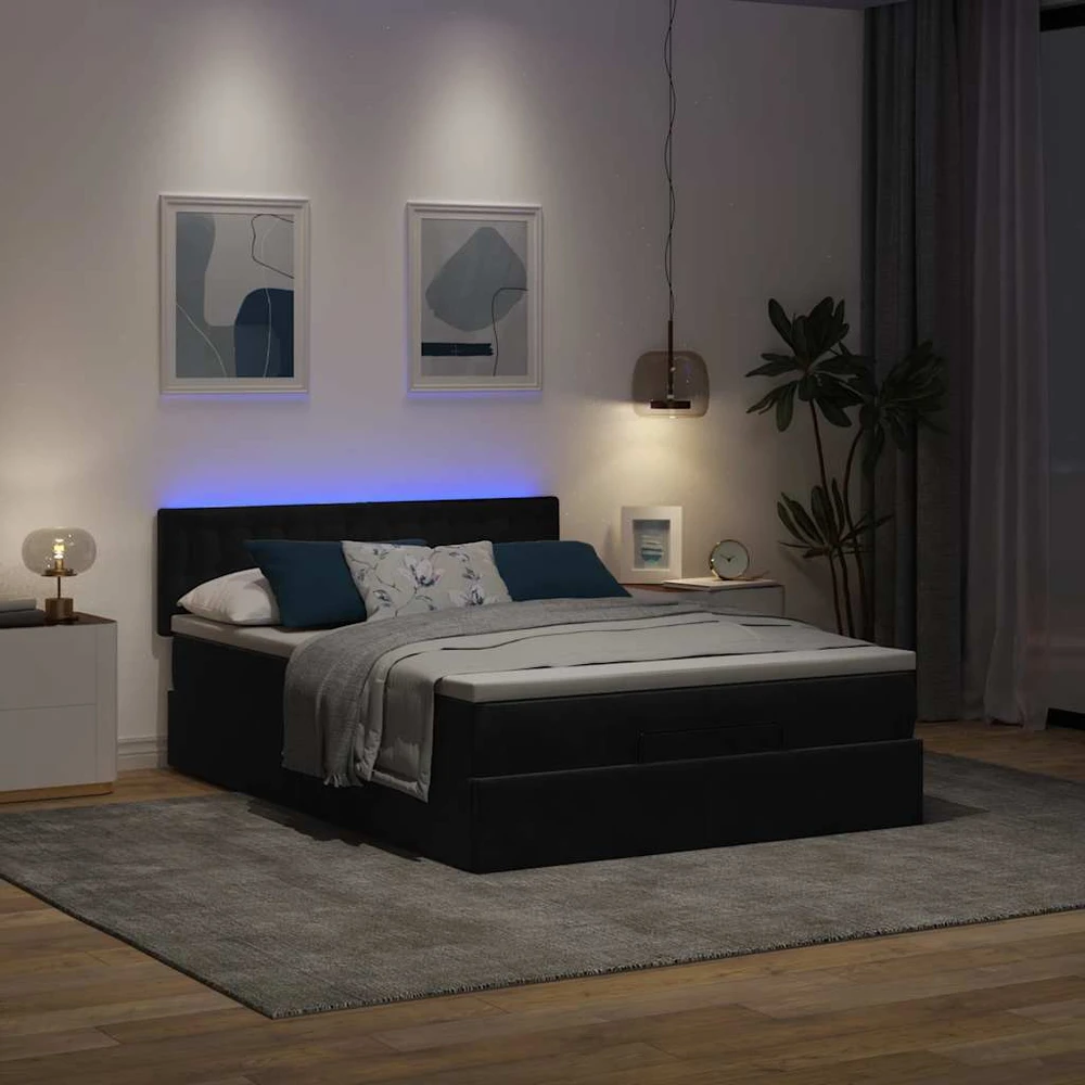 Osmanų lova su čiužiniu ir LED Juodas 140x190cm Velvet