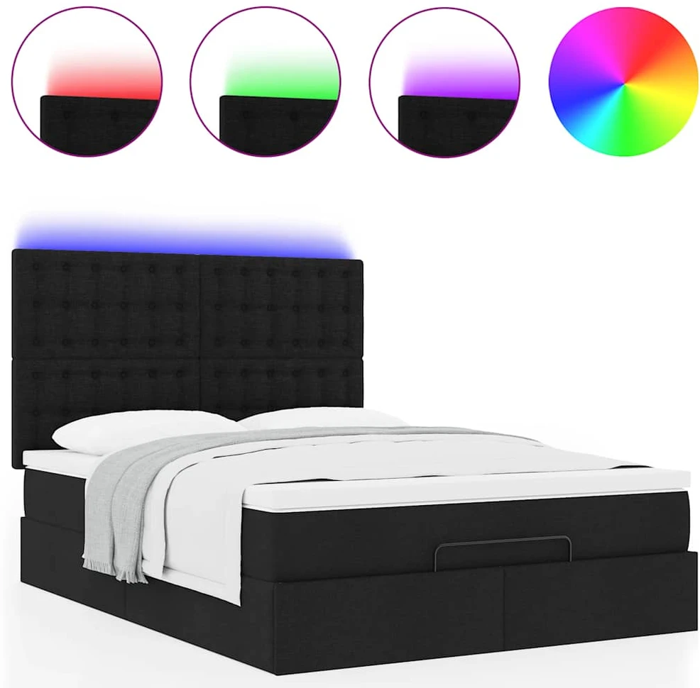 Osmanų lova su čiužiniu ir LED juodas 140x190cm audinys