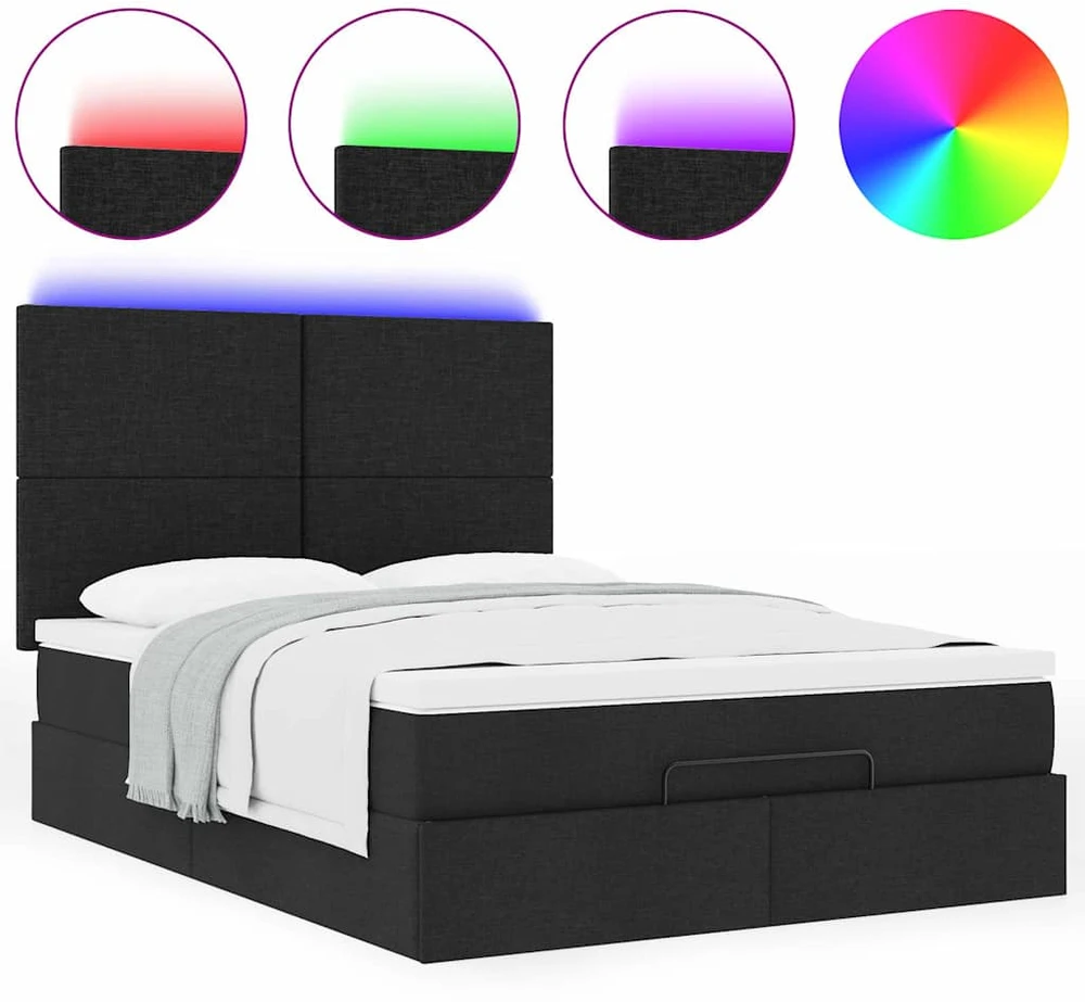 Osmanų lova su čiužiniu ir LED juodas 140x190cm audinys