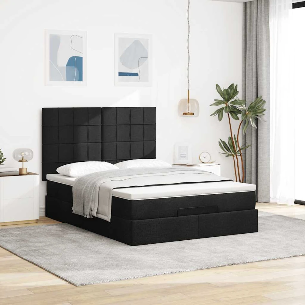 Osmanų lova su čiužiniu ir LED juodas 140x190cm audinys