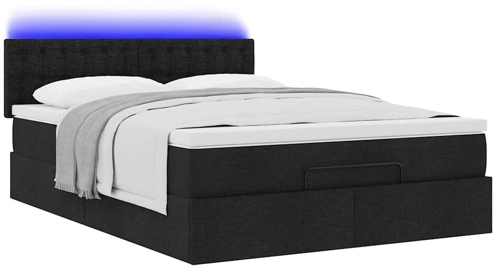 Osmanų lova su čiužiniu ir LED juodas 140x190cm audinys