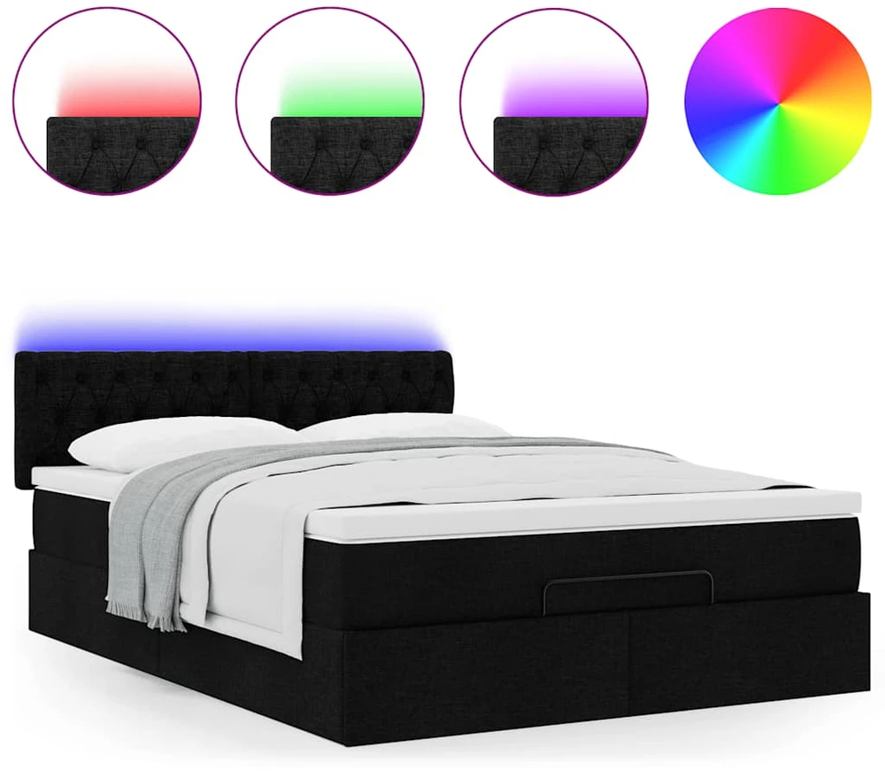 Osmanų lova su čiužiniu ir LED juodas 140x190cm audinys