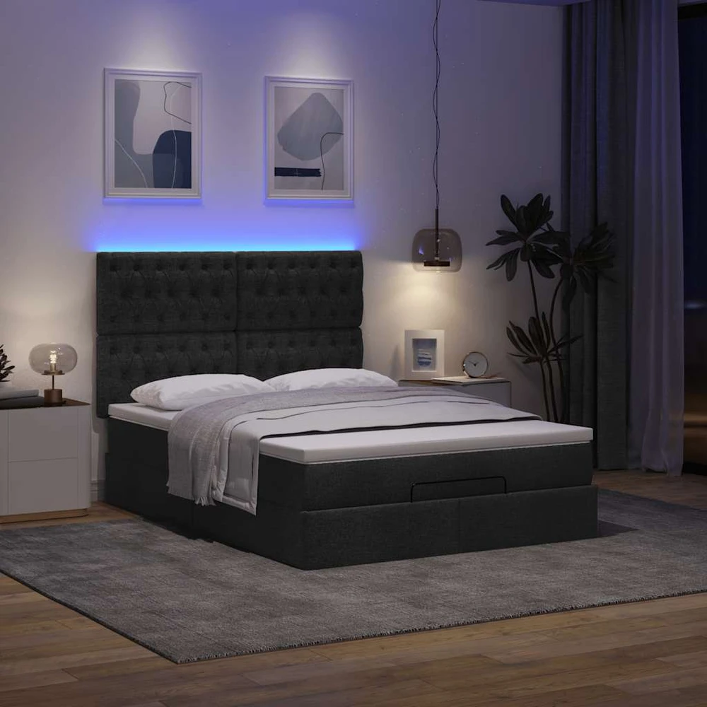Osmanų lova su čiužiniu ir LED juodas 140x190cm audinys