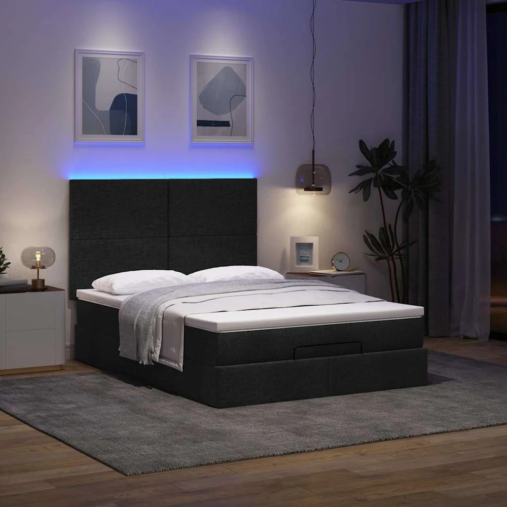 Osmanų lova su čiužiniu ir LED juodas 140x190cm audinys