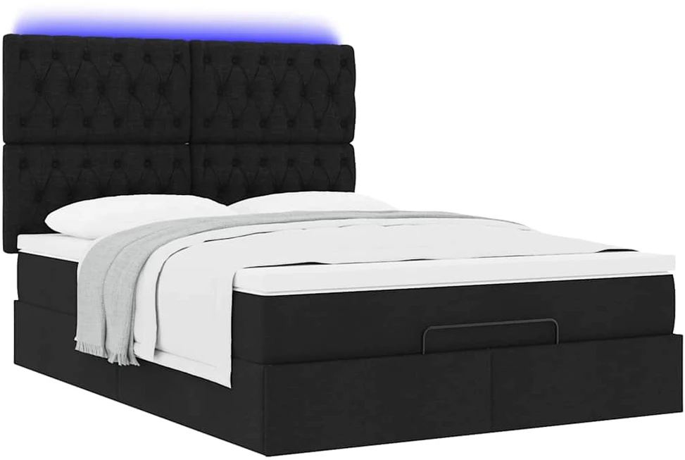 Osmanų lova su čiužiniu ir LED juodas 140x190cm audinys