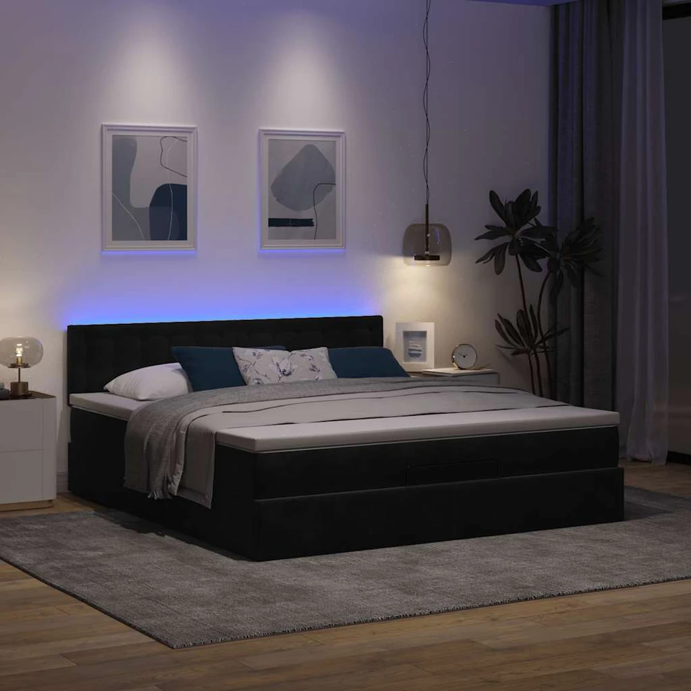 Osmanų lova su čiužiniu ir LED Juodas 160x200cm Velvet