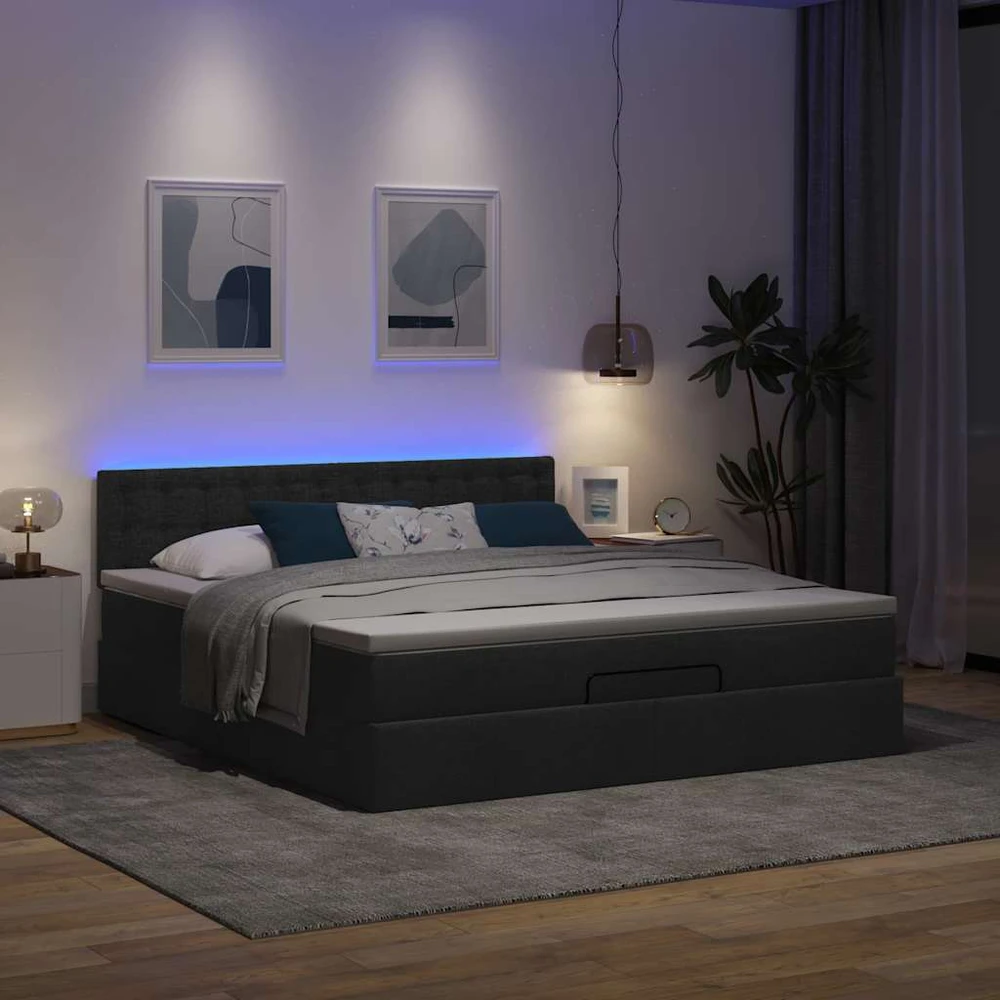 Osmanų lova su čiužiniu ir LED, juodas, 180x200cm, audinys