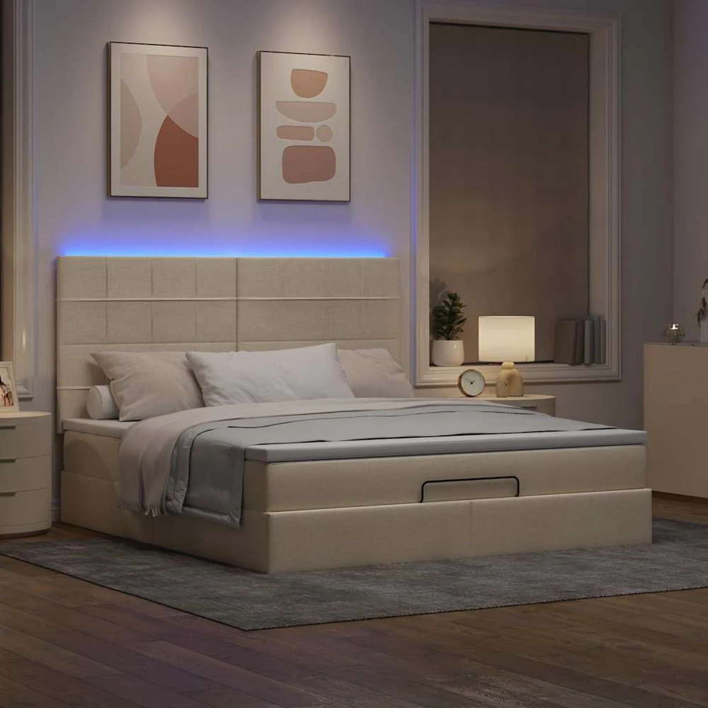 Osmanų lova su čiužiniu ir LED kreminiu 180x200 cm audiniu
