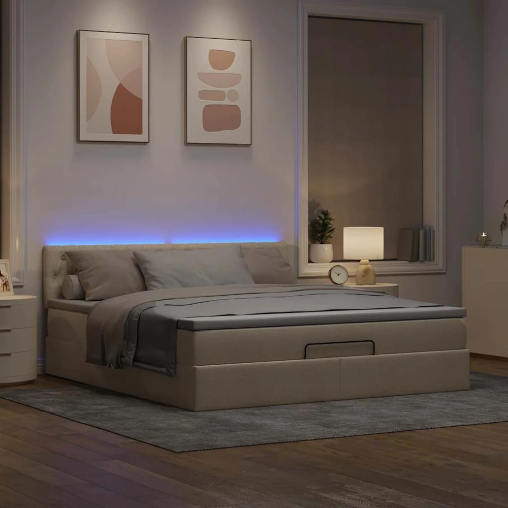 Osmanų lova su čiužiniu ir LED kreminiu 180x200 cm audiniu