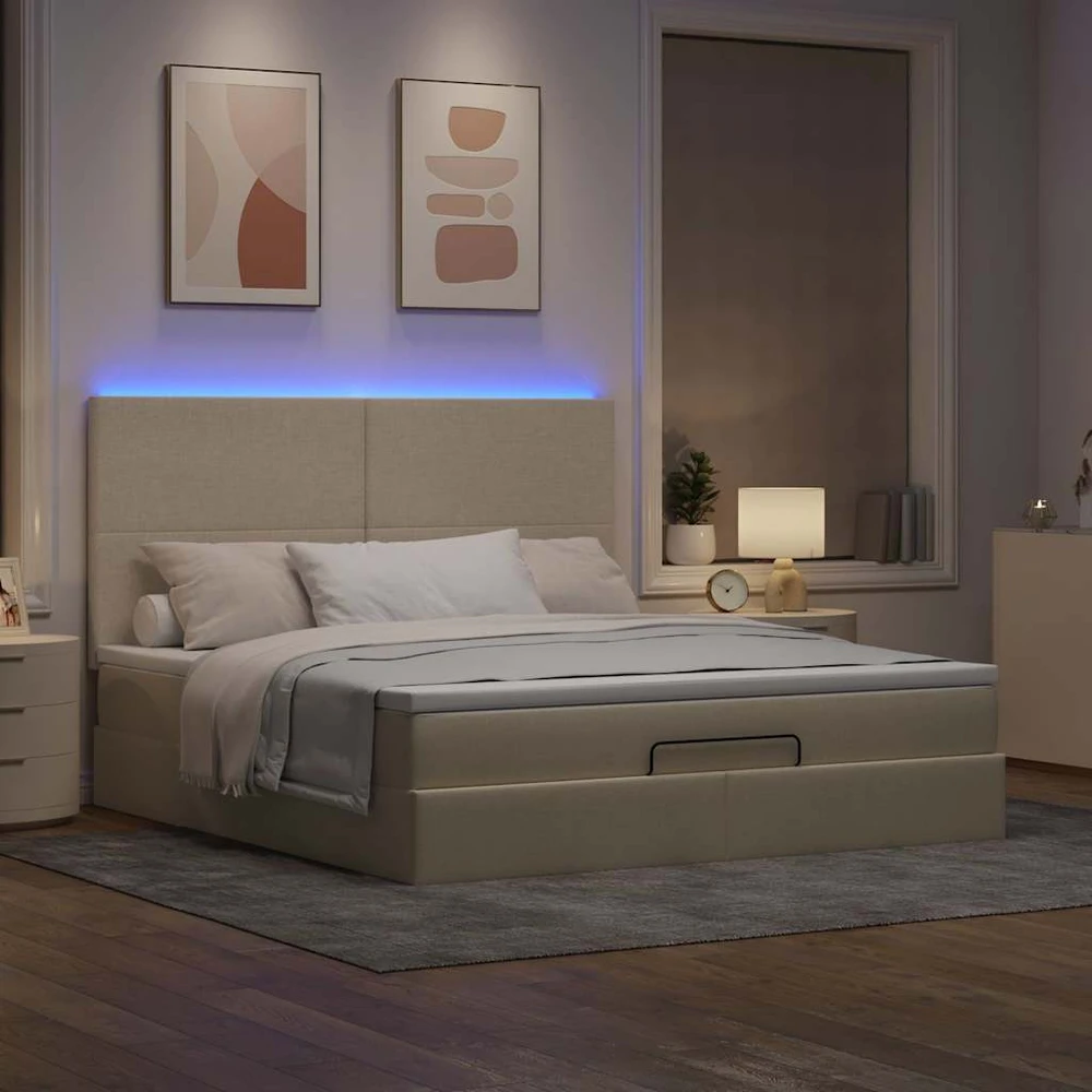 Osmanų lova su čiužiniu ir LED kreminiu 180x200 cm audiniu