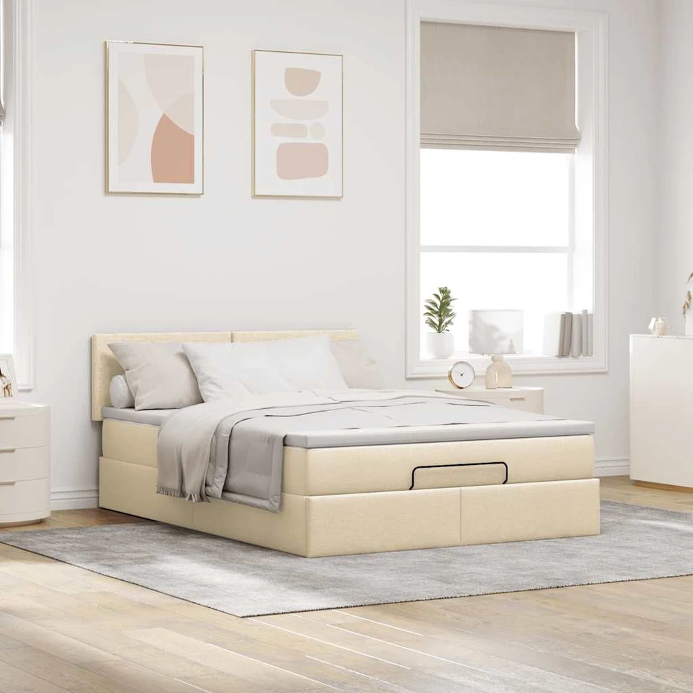 Osmanų lova su čiužiniu ir LED kreminiu 140x200 cm audiniu