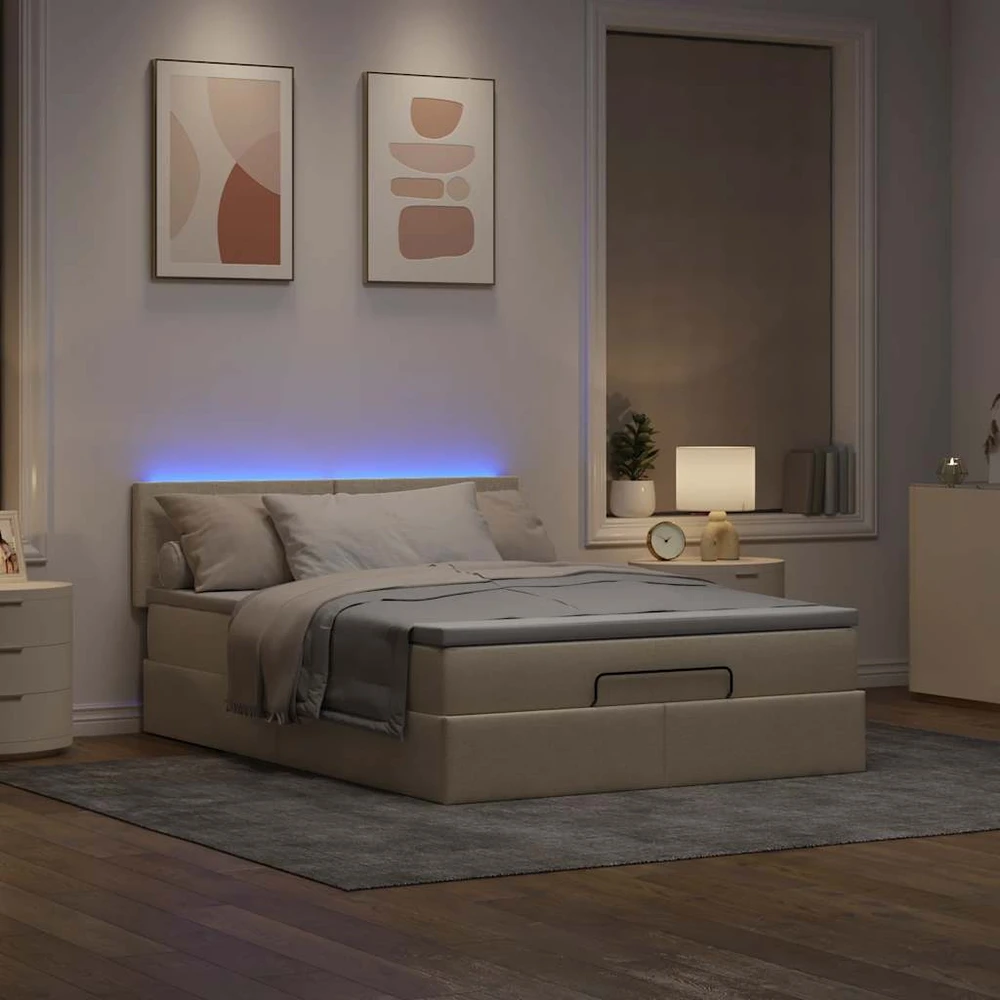 Osmanų lova su čiužiniu ir LED kreminiu 140x200 cm audiniu