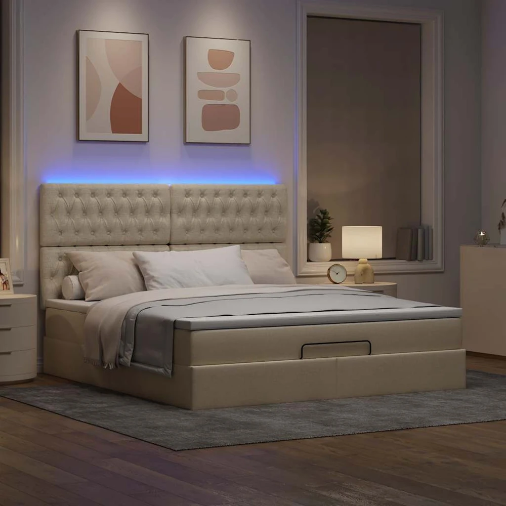 Osmanų lova su čiužiniu ir LED kreminiu 180x200 cm audiniu