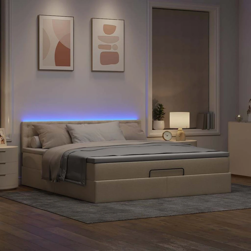 Osmanų lova su čiužiniu ir LED kreminiu 180x200 cm audiniu