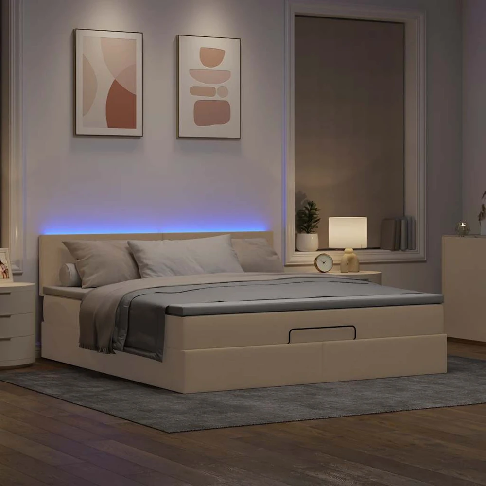 Osmanų lova su čiužiniu ir LED kreminiu 180x200 cm audiniu