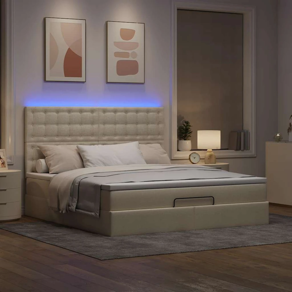 Osmanų lova su čiužiniu ir LED kreminiu 180x200 cm audiniu